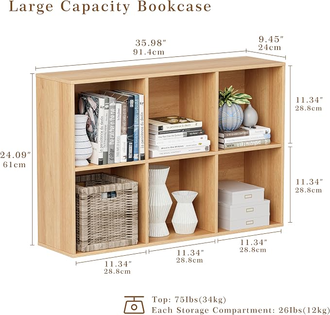 VDNEND Wooden Cube Storage Organizer with Closed Back Panel, 11in Cube Shelf Opening, Bookshelf, Display Shelf,Closet Cabinet for Home and Office (Natural Oak, 6-Cube 35.98L*9.45W*24.09H)