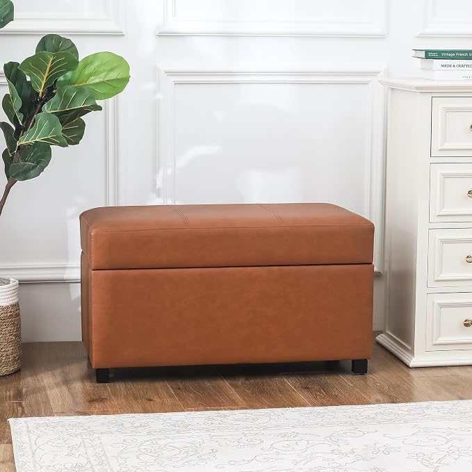 32" Leather Storage Ottoman Bench, Rectangle Foot Rest Stool for Living Room, Bedroom, Entryway, Cognac Brown