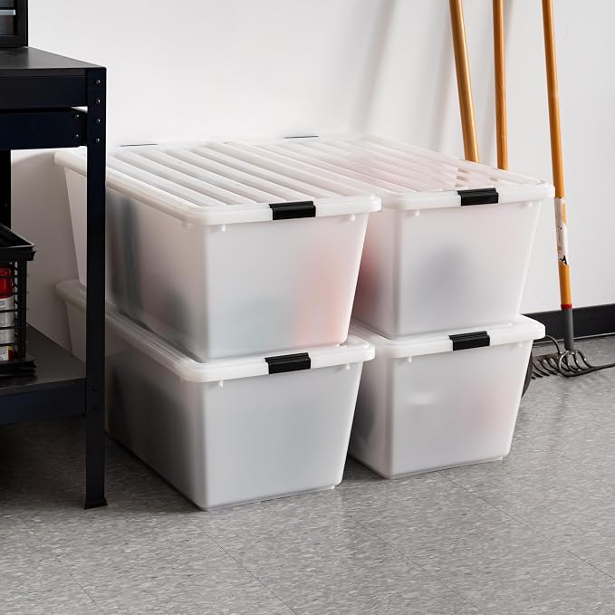 IRIS USA 4-Pack 91 Qt Stackable Storage Bins with Lids, Pearl | Discreet opaque design keeps belongings out of sight while organizing closets, bedrooms and seasonal storage, Stackable