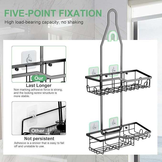Shower Caddy Hanging,Rustproof Anti-Swing Shower Organizer,2 Tier Hanging Bathroom Caddy Anti-swing and Non-slip,Bathroom Organizer with 18 Hooks for Razor/Sponge (Black, Large)