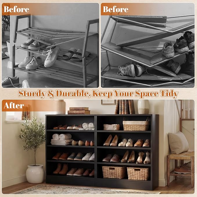 Shoe Cabinet, 5-Tier Modern Wood Shoe Storage Organizer, Black | 3 Adjustable Shelves for Entryway, Multi-Purpose Display Shelf & Storage Cabinet for Living Room, Bedroom