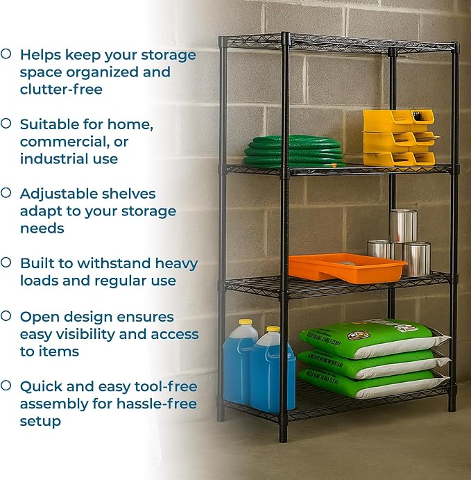 Honey-Can-Do 4-Tier Heavy Duty Adjustable Shelving Unit, 250-lb Per Shelf Metal Storage Rack, Wire Shelf for Garage Kitchen Office Pantry, Black, 36 x 14 x 54 in