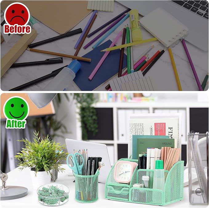 SYMDROMIA 13-in-1 Office Desk Organizer Set with Stapler and Tape Dispenser, Pen Holder, Scissors, Ruler, Hole Punch, 2 Pens & More Desktop Accessories for Back to School Supplies (Green)