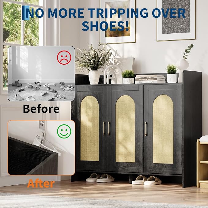 Garvee Shoe Cabinet Storage for Entryway, Rattan Shoe Rack with 3 Doors | Farmhouse Boho Wood Shoe Organizer Cabinet for Entrance Hallway Living Room Foyer