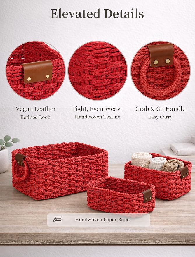 Small Wicker Baskets, 3 PCS Paper Rope Baskets for Shelves, Red | Recycled Small Baskets, 3 Sizes Woven Baskets for Organizing, Decorative Storage Baskets for Bedroom and Bathroom
