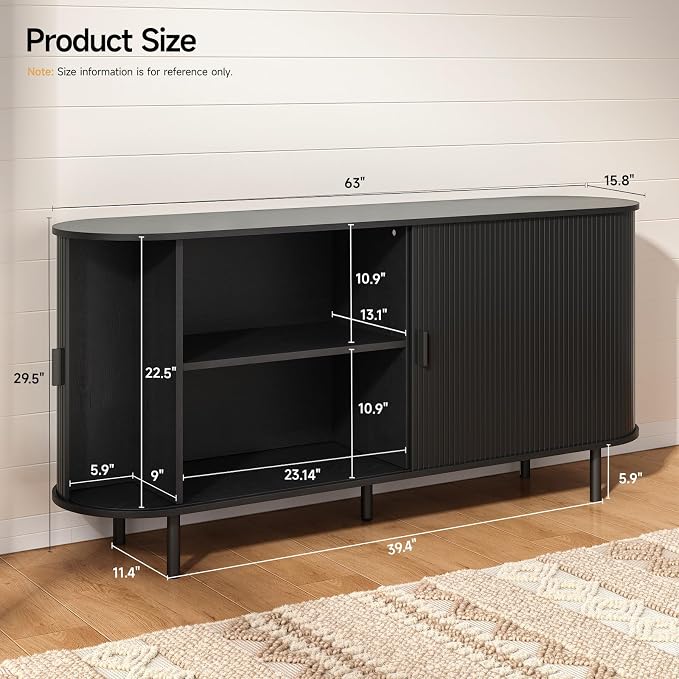 63" Sideboard Buffet Cabinet with Storage, Storage Cabinet with Sliding Door & Adjustable Shelf, Modern Accent Coffee Bar Console Table for Kitchen, Entryway, Black