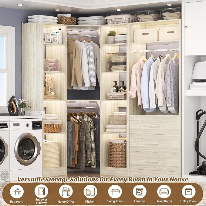 Besiost Corner Closet System with 3 Drawers, Corner Closet Organizer System with 13 Shelves & 3 Hanging Rods, 63.2"L * 39.2"W Reversible L Shaped Walk-in Closets, Load 2000+LBS, White Oak