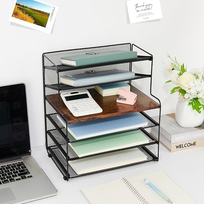 OPNICE 6-Tier Letter Tray Paper Organizer, Desk Organizers and Accessories, Desktop File Organizer, Office Desk Accessories for Office Supplies (Wood Brown)