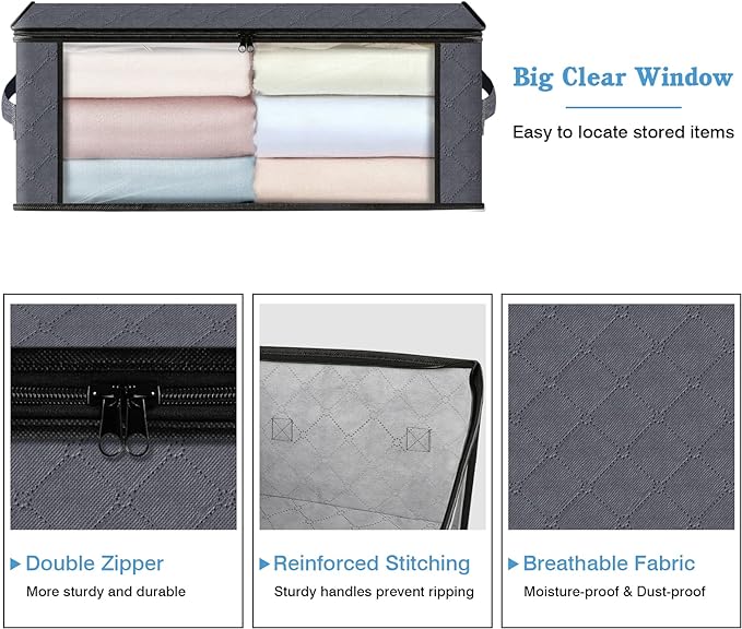 HomeHacks 10-Pack Clothes Organizer Storage Bags, 35L Storage Bins, Gray | Foldable Storage Box Container with Zippers, Clear Window, Reinforced Handles for Closet, Dorm, Pillows, Bedding, Sweater