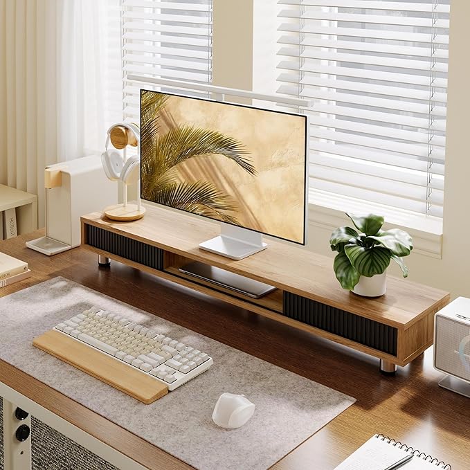 Fenge Dual Monitor Stand with Storage, Desk Shelf with Glass Sliding Door | Ergonomic Height Adjustment, 42.5in Monitor Shelf, 2-Tier Monitor Riser, Desk Organizer for Screen, PC, Laptop, Dark Oak