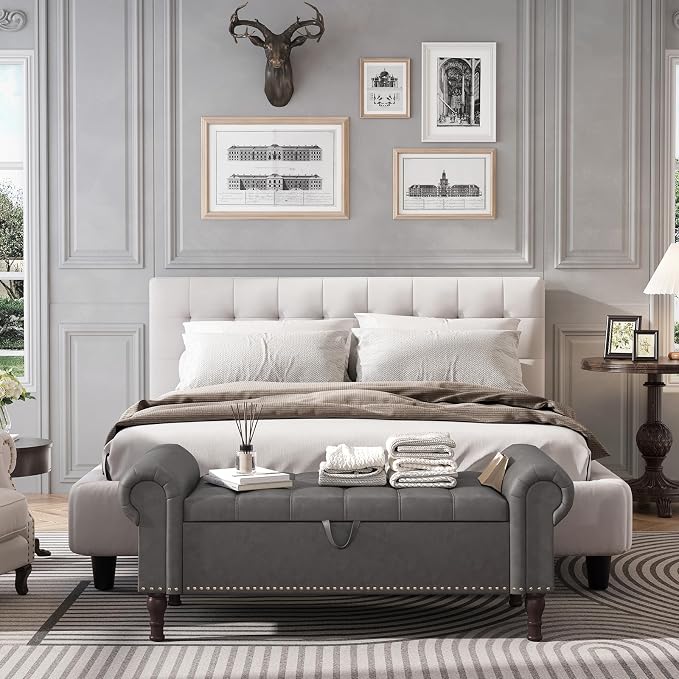 Apicizon 51” Bench with Storage, Upholstered Tufted Button Bedroom Bench with Storage, Faux Leather End of Bed Bench with Rolled Arms, Storage Ottoman Bench for Bedroom, Living Room, Entryway, Gray