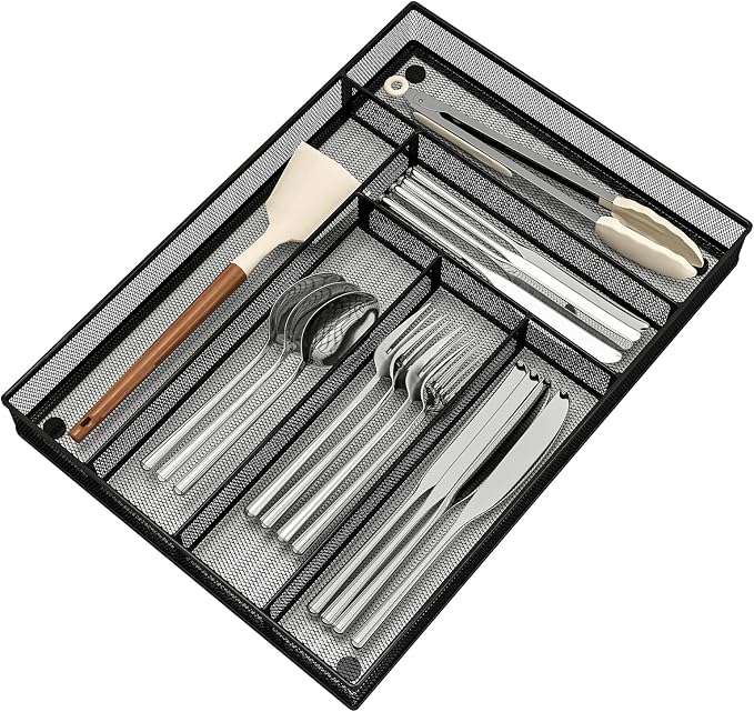 Sedegn mesh silverware tray for drawer: 6 Compartments for Easy Sorting | Sized at 11.3" x 16" for kitchen drawers with non-slip feet, metal mesh design for easy cleaning, organizing flatware Black