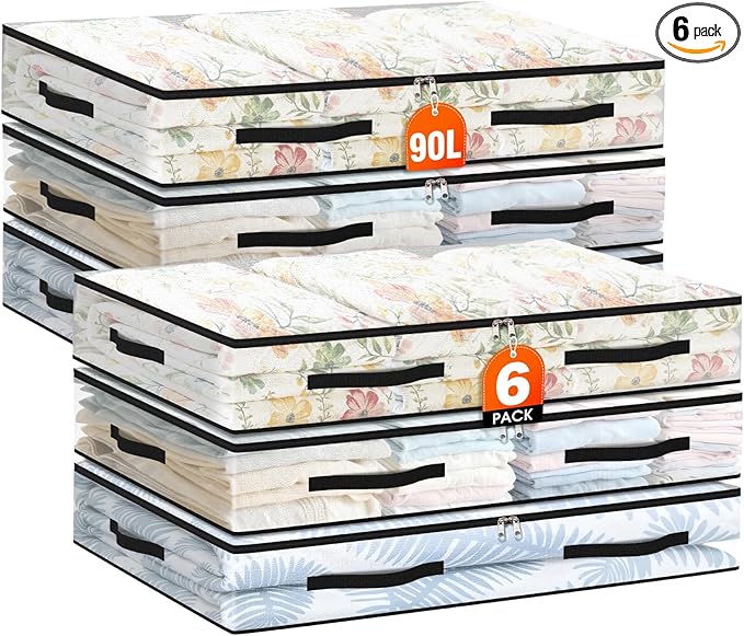 6 Pack Under Bed Storage Bags, 90L Foldable Clear Containers with Handles | Dual Zipper Storage Bins for Comforters, Bedding, Blankets, Closet Organizer for Clothes, Linen Sheets, Sweaters