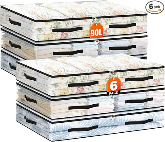 6 Pack Under Bed Storage Bags, 90L Foldable Clear Containers with Handles | Dual Zipper Storage Bins for Comforters, Bedding, Blankets, Closet Organizer for Clothes, Linen Sheets, Sweaters