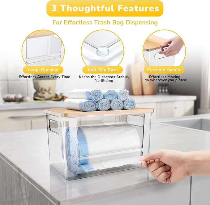 Trash Bag Dispenser Holder, 3-in-1 Laundry Detergent Dispenser Under Sink Organizer Box & Bamboo Lid, Clear Laundry Room Organization and Storage, Kitchen Garbage Bags Storage Container