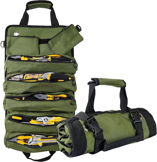 Portable Foldable Roll Up Tool Bag, Heavy Duty Tool Organizer Bag with 5 Compartments & 2 Detachable Pouches for Tools Storage, Waterproof Tool Roll Bag for Dad Men Electrician Gifts