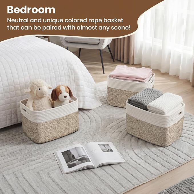 Storage Baskets for Organizing, 14 x 10 x 9” Closet Shelf Woven Baskets, Square Bins with Handles, Cotton Rope Basket for Clothes, Office, Room, White+Rice Brown 4 Pack