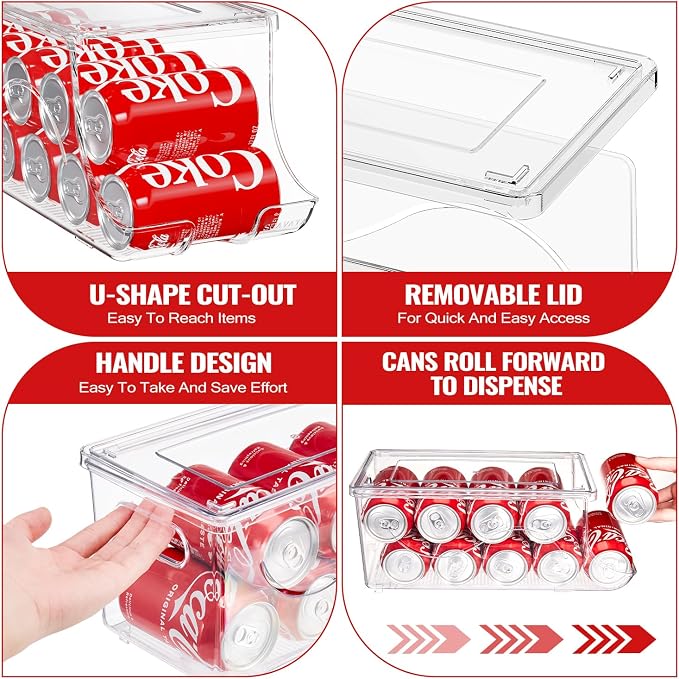SCAVATA 4 Pack Stackable Refrigerator Organizer, Soda Can Dispenser Pop Cans Container Beverage Holder with Lid for Fridge, Freezer, Kitchen, Clear Plastic Storage Bins-Holds 10 Cans Each