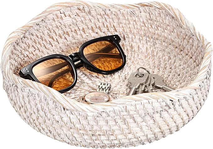 Hipiwe Rattan Key Basket for Entryway Table Handwoven Small Baskets Tray | Decorative Coffee Table Trays Wicker Storage Baskets Bowl Round Fruit Bread Serving Basket Tray, Whitewash
