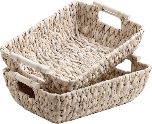 Storageworks Wicker Baskets for Shelves, Set of 2 Water Hyacinth Basket Organizer, Large Wicker Baskets for Storage, Decorative Storage Basket with Wooden Handles for Gifts, White