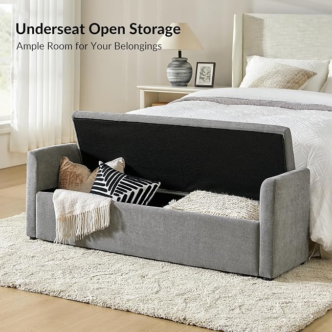 HULALA HOME 59" Storage Bench with 2 Throw Pillows & Armrests, Grey | Modern Long Bedroom Bench for End of Bed, Comfy Upholstered Fabric Footstool for Entryway Living Room