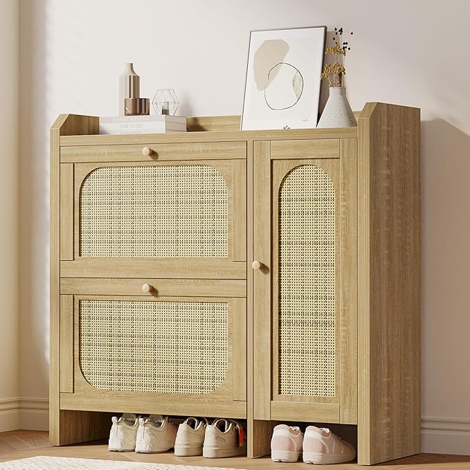 Shoe Cabinet Storage for Entryway with 2 Flip Drawers(3-Tier), Rattan Freestanding with Door & 3 Adjustable Shelve,Hidden Shoe Rack Organizer for Hallway, Foyer