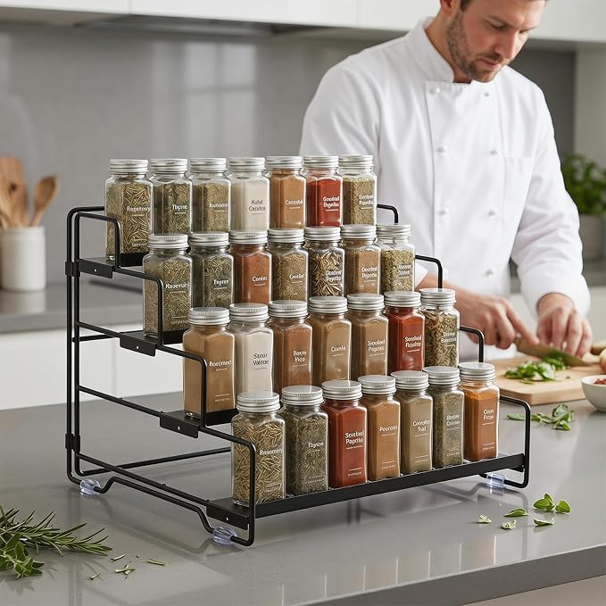 4 Tier Adjustable Spice Rack Organizer for Cabinet & Countertop | Adjustable-Depth Shelves, Tiered Visible Display, Raised Edge Guard, Vertical Space Saver, Metal Construction, Black