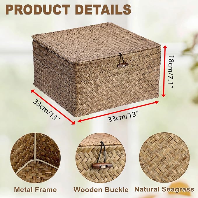 Hipiwe Handwoven Basket Container Seagrass Storage Box Wicker Bin for Fruits Snacks Clothes Books Towels Home Organizer with Lid, Coffee, XX-Large