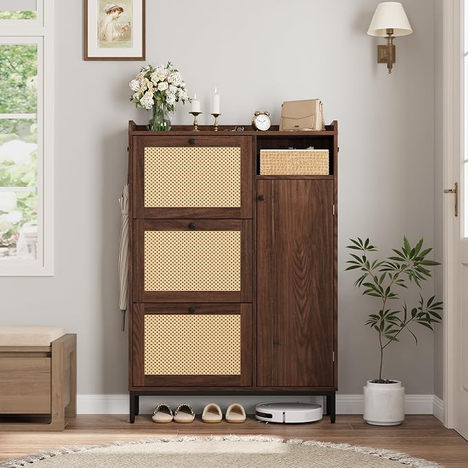 Garvee Shoe Cabinet with 3 Flip Drawers and 4-Tier Shoe Storage Cabinet, Freestanding Shoe Organizer with Adjustable Shelf and Rattan Doors for Entryway, Closet, Hallway