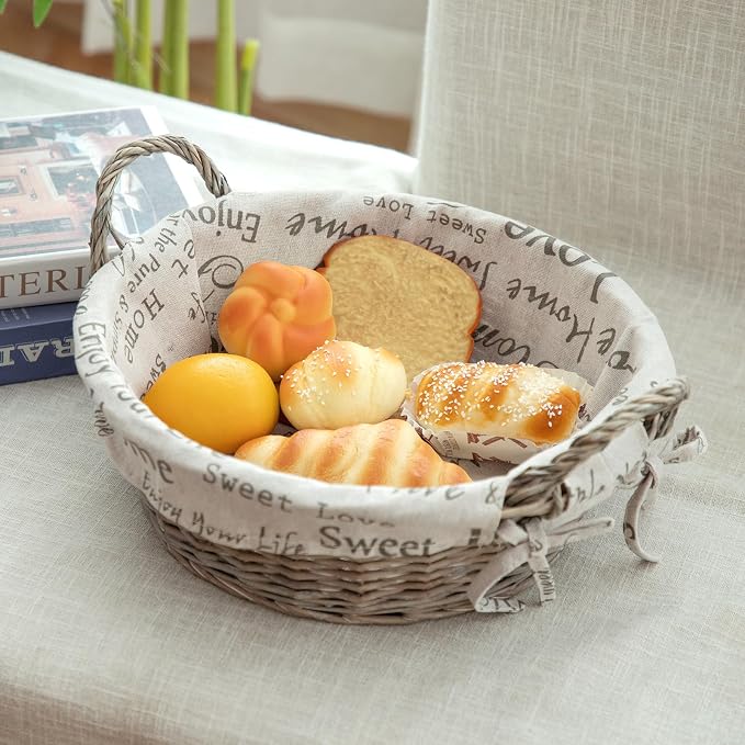 Round Wicker Storage Basket, Natural Handwoven Willow Rattan Basket with Cloth Liner & Sturdy Handles, Farmhouse Decor Bread Fruit Organizer for Kitchen Counter, Pantry
