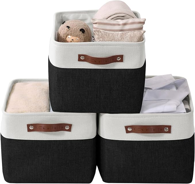 DECOMOMO Storage Bins, Extra Large Fabric Storage Baskets for Shelves 3Pack | 15.8 x 12.5 x 10 inches Decorative Linen Closet Organizers (Black & White)