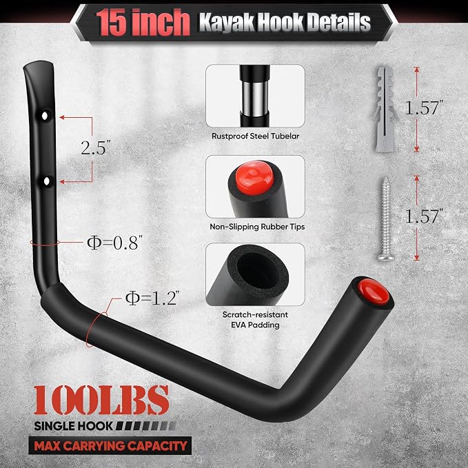 Nacial 12 Pack Garage Hooks Heavy Duty, 15" & 9.8" & 3.5" Kayak Storage Hook with EVA Pads, 100LBS Capacity Garage Hooks for Hanging Bikes, Kayak Folding Chairs and Hanging Ladders