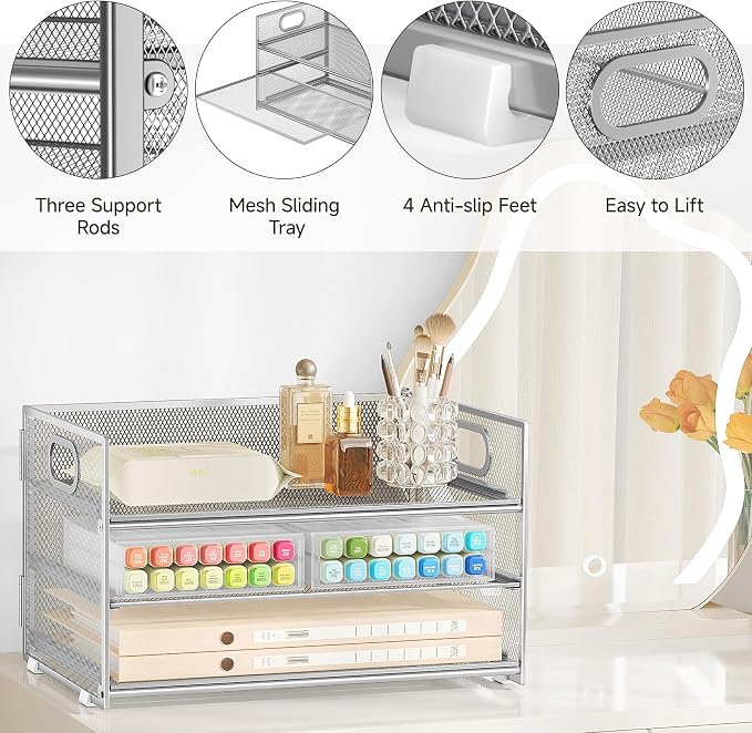 Subekyu 3 Tier Paper Desk Organizer with Handle and 1 PC Slideable Letter Tray, A4 Paper File Folder Sorter Metal Mesh Organizer for Home Office School Desk Supplies Organization Storage, Silver