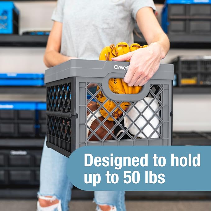 CleverMade Collapsible Milk Crate, 25L, 3 Pack, Stone | Built-in rails hold letter-size hanging files. Interlocking crates stack open or folded and carry up to 50 lb each.