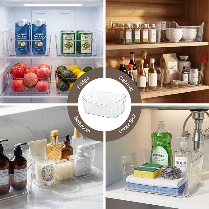 Hudgan 8 Pack Clear Pantry Organizer Bins for Kitchen, Clear Plastic Storage Bins for Bathroom, Pantry Organizer Containers for Home Edit, Drawer, Under Sink, Fridge