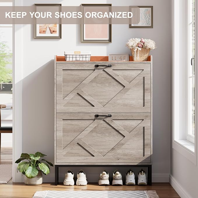 Nicetree Shoe Storage Cabinet with 2 Flip Drawers, Freestanding Shoe Organizer, Shoe Cabinet with Metal Legs, Narrow Shoe Rack Cabinet, Farmhouse Slim Shoe Cabinet for Entryway, Hallway, Rustic Gray