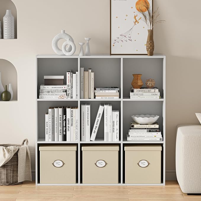 VDNEND Wooden Storage Organizer with Closed Back Panel, 11in Cube Shelf Opening, Bookshelf, Display Shelf,Closet Cabinet for Home and Office (Embossed White, 9-Cube 35.98L*9.45W*35.91H)