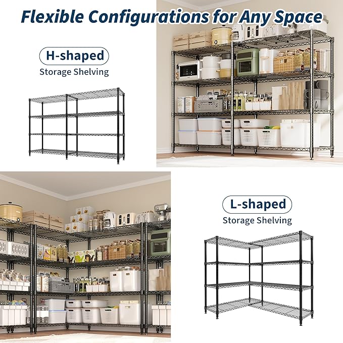 Garvee Metal Storage Shelves 4-Tier, Wire Shelving Rack 59"Wx13.8"Dx59.5"H, | Heavy Duty Load 1060LBS, Adjustable/L-shaped, Wire Rack, for Garage Kitchen Pantry Room Storage, Tool-Free Assembly, Black