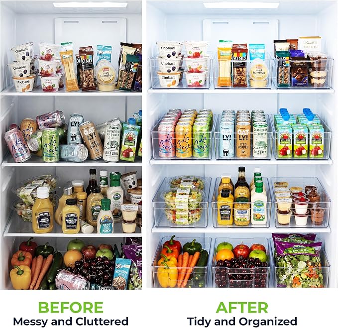 Zulay 4 Pack Clear Refrigerator Organizer Bins - XL Fridge Organizers and Storage Clear - Ideal Freezer Organizer Bins, Refrigerator Storage Containers, Kitchen Cabinets, Pantry Organization