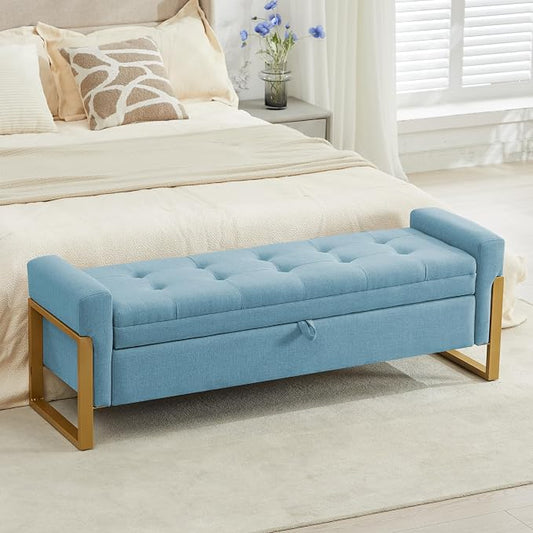 adochr 57" Storage Ottoman Bench, Upholstered End of Bed Bench, Light Blue | Metal Legs & Button-Tufted, Linen Ottoman with Storage 500 lb Capacity for Living Room, Bedroom, Entryway