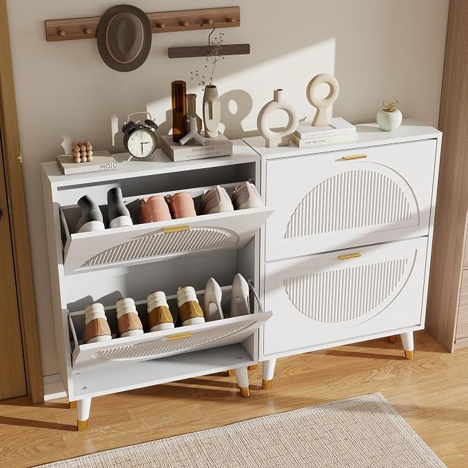 Narrow Shoe Cabinet Storage for Entryway: Cabinet Shoe Rack Organizer, White Shoes Cabinets with 4 Flip Drawers, Modern Shoes Storage Entryway for Front Door Entrance (2 Piece, 25")