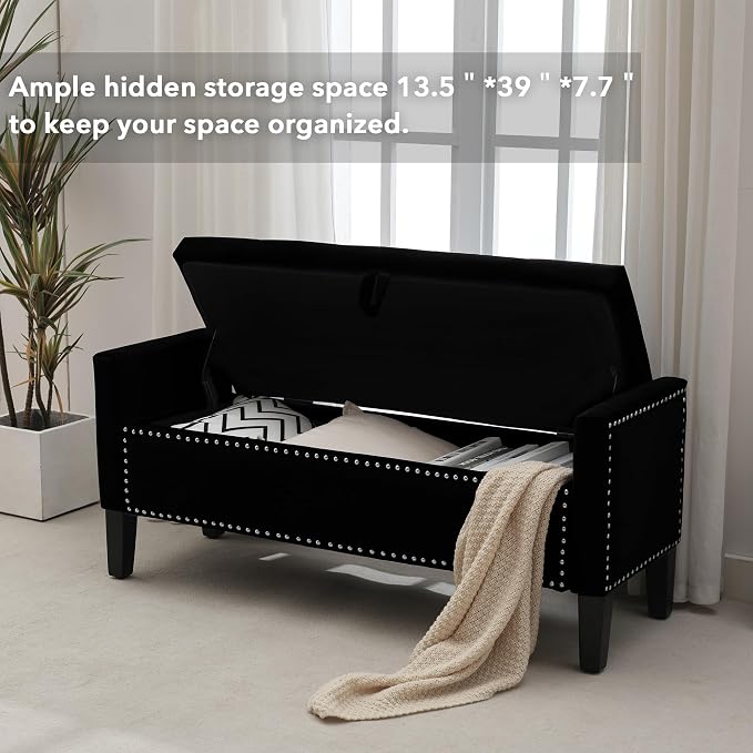 Velvet Storage Ottoman Bench, 46'' Upholstered Button Tufted End of Bed Bench, Modern Entryway Ottoman with Arms, Black