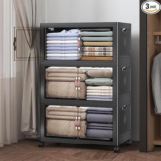 Stackable Storage Bins with Lids, 360QT Closet Organizers and Storage Cabinet with Doors & Wheels, Lockable Plastic Foldable Drawers for Bedroom Dorm Office Garage（120QT*3,Black）