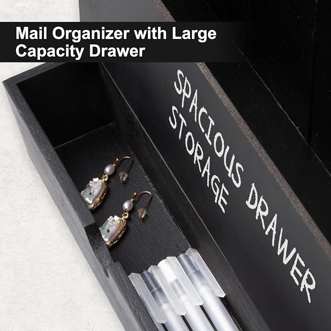 Mail and Key Holder Wall Mount with Storage Drawer & Chalkboard Panel | Modern Wooden Mail Organizer for Wall Entryway, 7 key hooks, Stylish Home Decor for Apartments, Living Room, Office