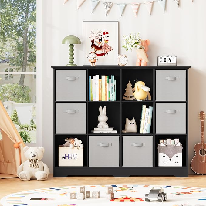 12 Cube Storage Organizer Shelf, Wood Cubby Storage with 6 Fabric Drawers | 3 Tier Wooden Bookshelf with 2 Adjustable Shelves, Fluted Side Panels Bookcase for Records, Books, Ornaments