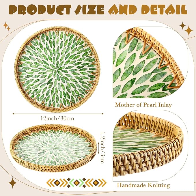 3 Pcs Round Rattan Tray with Mother of Pearl Inlay Wicker Serving Tray with Wooden Base Boho Decorative Wicker Basket for Table Decor Bathroom Candle Perfume(Fresh Style)
