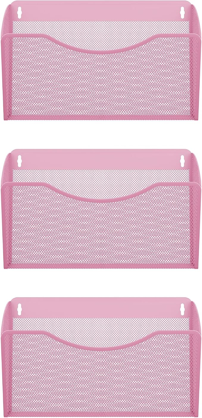 EasyPAG Wall File Organizer 3 Pack, Hanging File Organizer Wall Mount, Metal Mesh Folder Holder for Letter/A4 Papers, Mail Sorter for Office, Classroom, Home, Pink