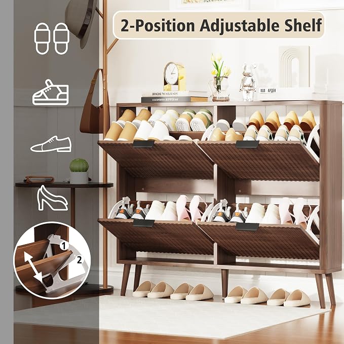KIGOTY Narrow Shoe Storage Cabinet, Shoe Cabinet with 4 Flip Drawers, Freestanding Shoe Organizer with Legs for Entryway, Slim Shoe Rack Cabinet for Enterway (Walnut, 4 Flip Drawer)