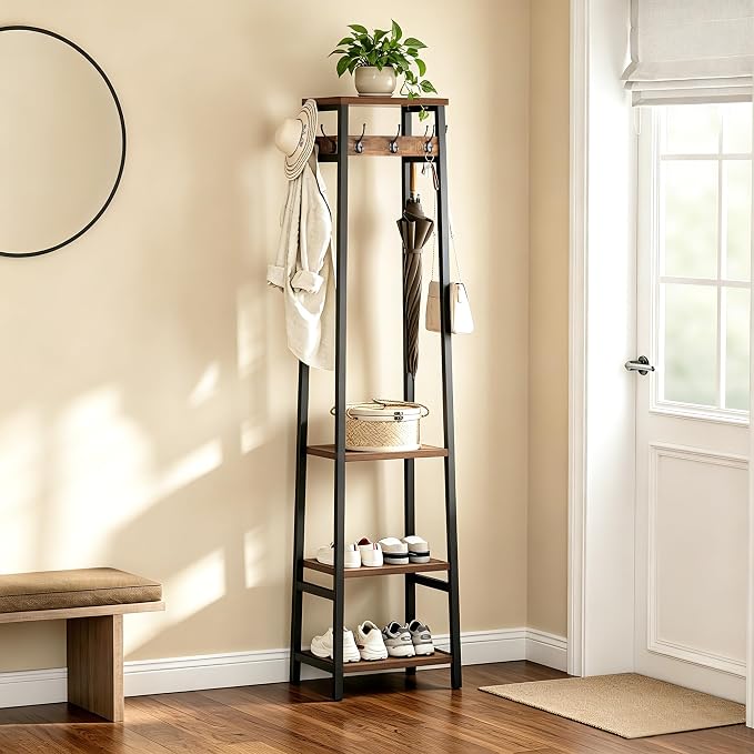 Coat Rack Freestanding with 3 Shelves and 7 Hooks | Coat Stand, Hall Tree Free Standing, Clothes Rack Stand Organizer, Industrial Style, Rustic Brown and Black