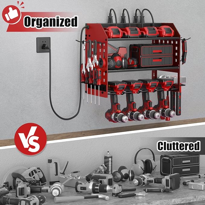 SUNALLY Power Tool Organizer Wall Mount with Charging Station,3 Layer, Red | Metal Tool Storage Rack with 4 Drill Holders, Heavy Duty Power Tool Shelf for Garage,Warehouse,Workshop, Gift for Men,Husband